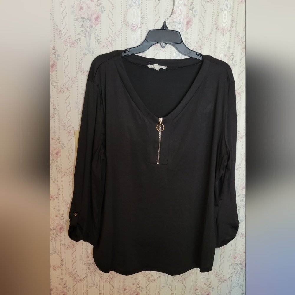 Above and Beyond Black Top 3/4 Sleeve up w Button 3X